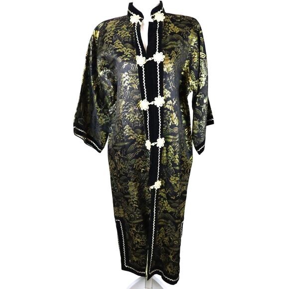 Vintage Gold and Black Japanese Kimono Jacket Metallic Velvet Mandarin Collar M - Picture 1 of 9